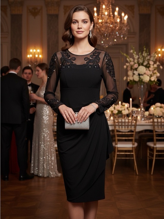 Xscape Dresses & Skirts - Xscape Black Long-Sleeve Embroidered Sheer Cocktail Dress